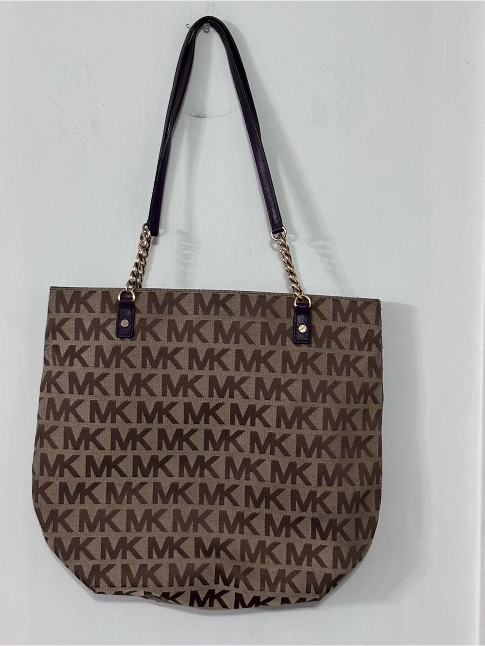 Michael Kors Brown MK Logo Tote with Dark Plum Straps and Gold Chain
